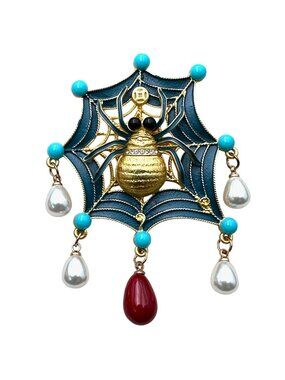 Fall Halloween Blue Red Enamel Matte Gold Tone Spider Brooch Pin 3 Inch